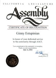 California Legislative assembly recognizes Dr. Ginny Estupinian PhD