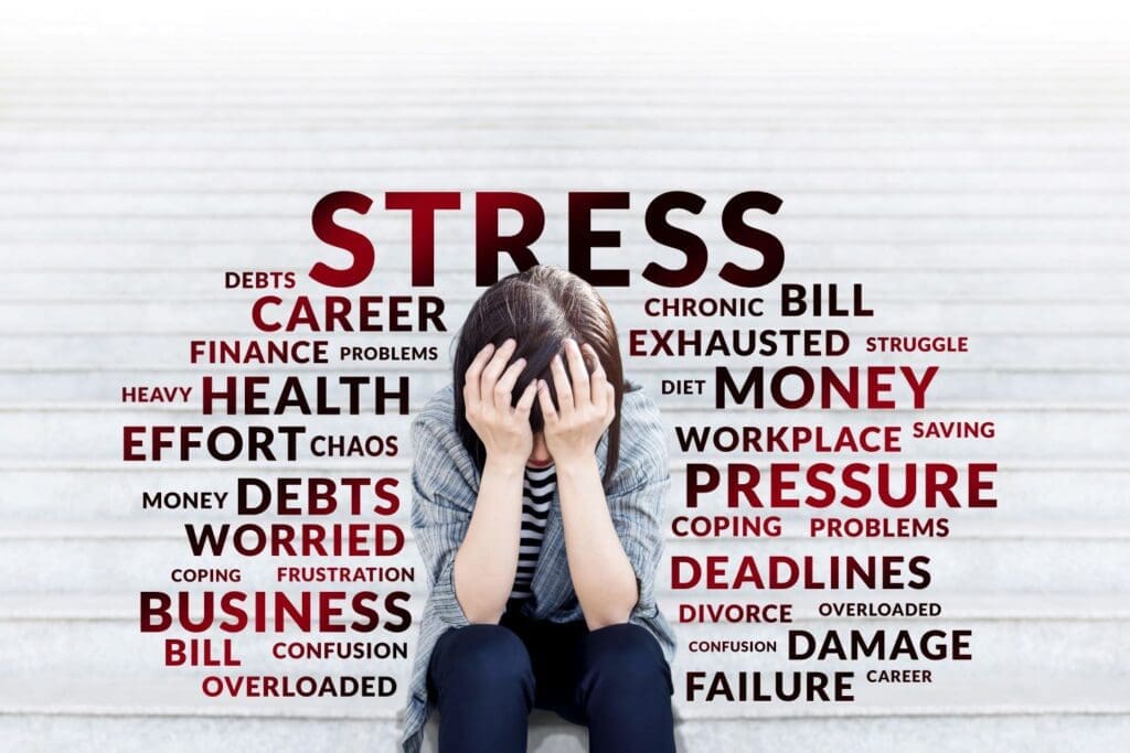 stress falling all around a woman.. Life is stressful and can feel overwhelming,. This article shows what you can do