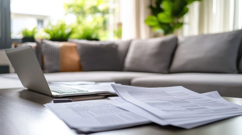 A living room photo showing a laptop and financial papers to show the importance of financial matters in gray divorce
