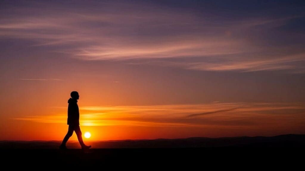Silhouette of a person walking outdoors in the morning light