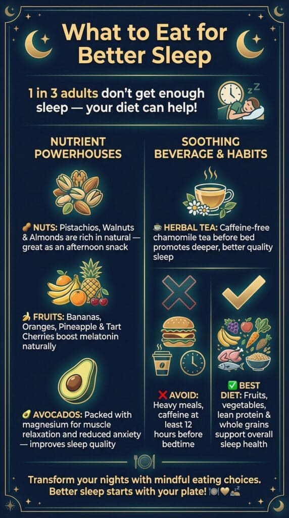 Info graphic of what to eat to improve sleep by Ginny Estupinian PhD