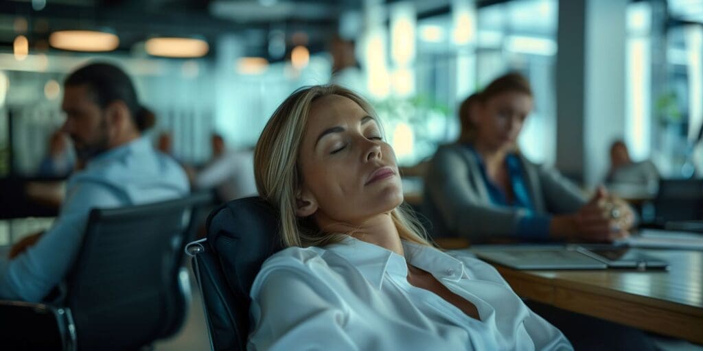A photo of a woman falling asleep at her desk due to insomnia.