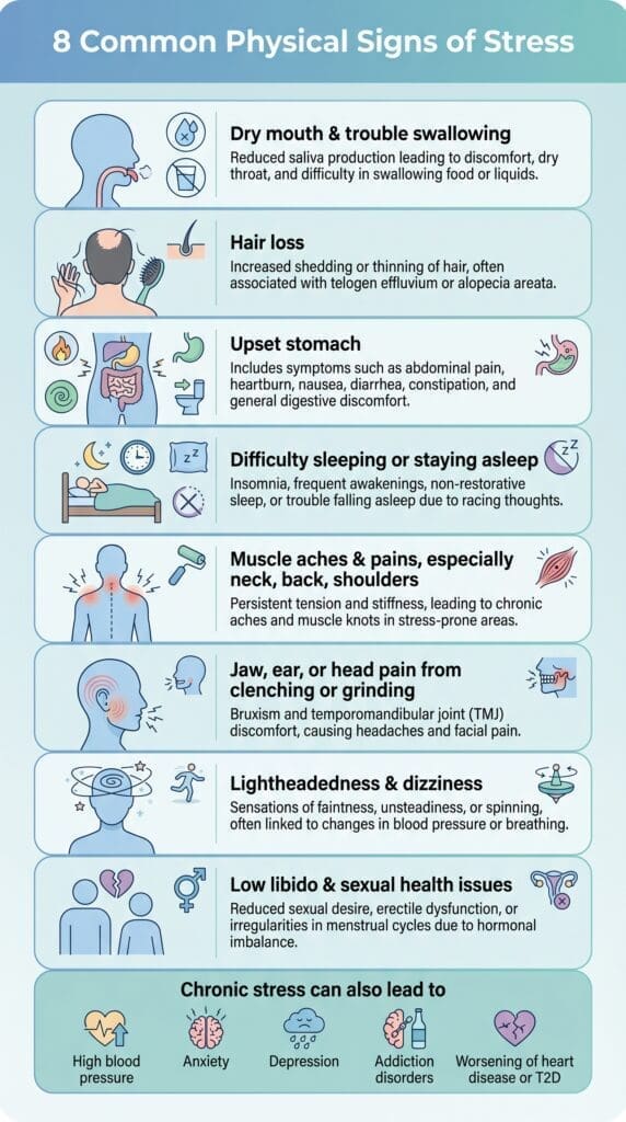 An Infographic by clinical psychologist Ginny Estupinian PhD, ABPP, showing the eight ways stress affects our bodies.