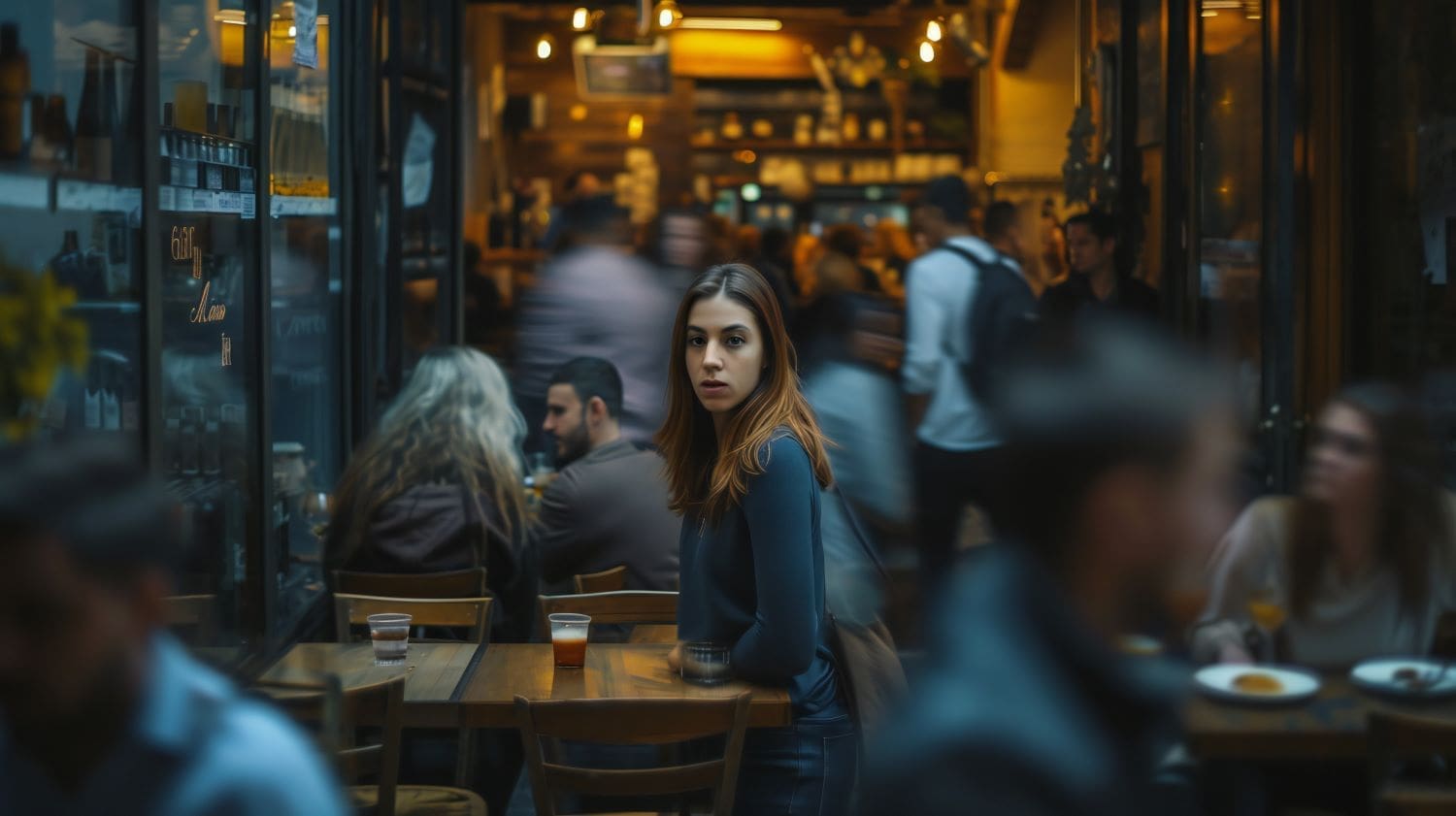 A photo of a woman suffering from social anxiety in a bar surrounded by people.