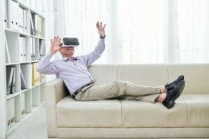 Photograph of an individual undergoing virtual reality therapy in the office of Dr. Ginny Estupinian, PhD, a psychologist located in Los Gatos.