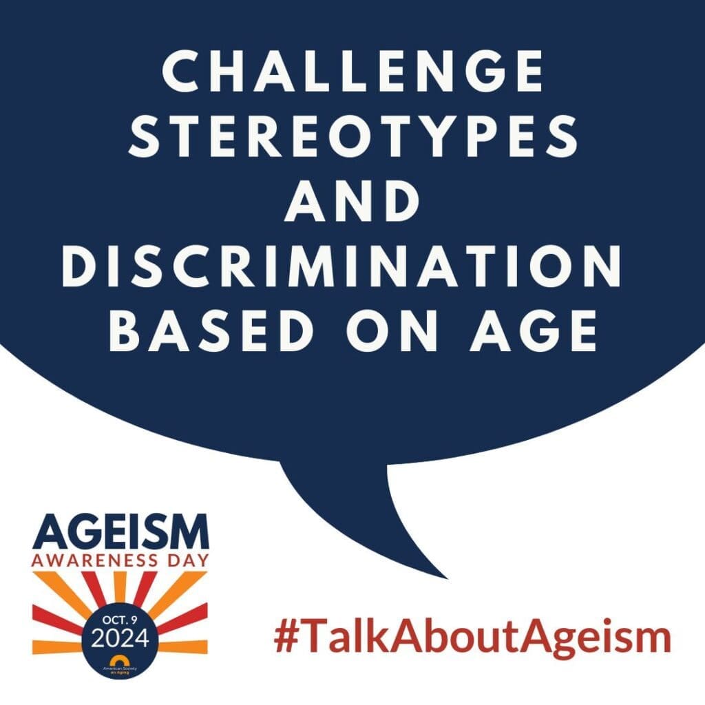 Ageism awareness day 2024 logo. The office of Ginny Estupinian provides therapy for older adults and supports ageism awareness day