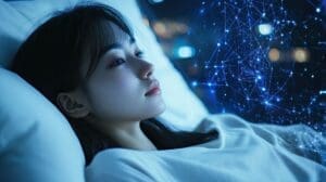 young woman laying awake and streesed about sleep