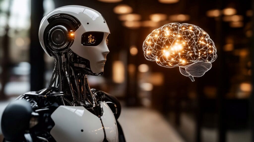 An image showing Ai therapist examining a brain.