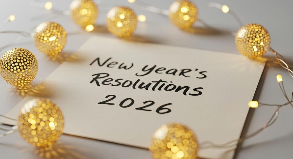 Card reading “2026 Resolutions” surrounded by holiday lights, symbolizing the transition from the holidays into the new year and future goals