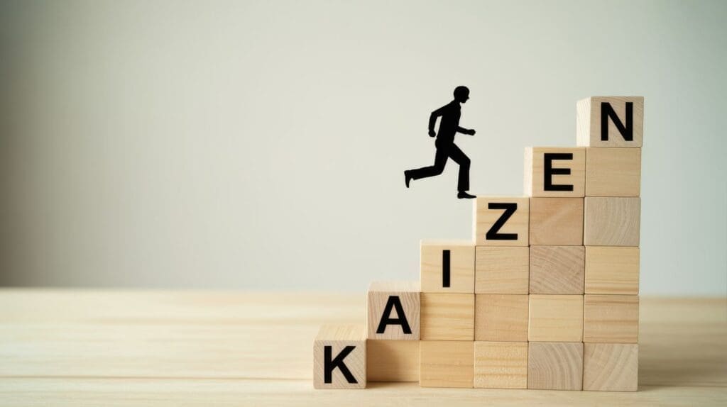 Staircase labeled “Kaizen” with a silhouette running upward, symbolizing steady progress through small, consistent improvements