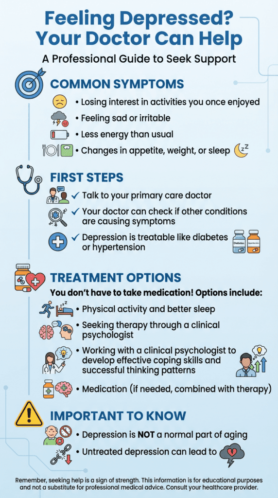 Infographic showing a quick and easy breakdown of depression and what a person can do by Ginny Estupinian, PhD, Los Gatos psychologist. PhD