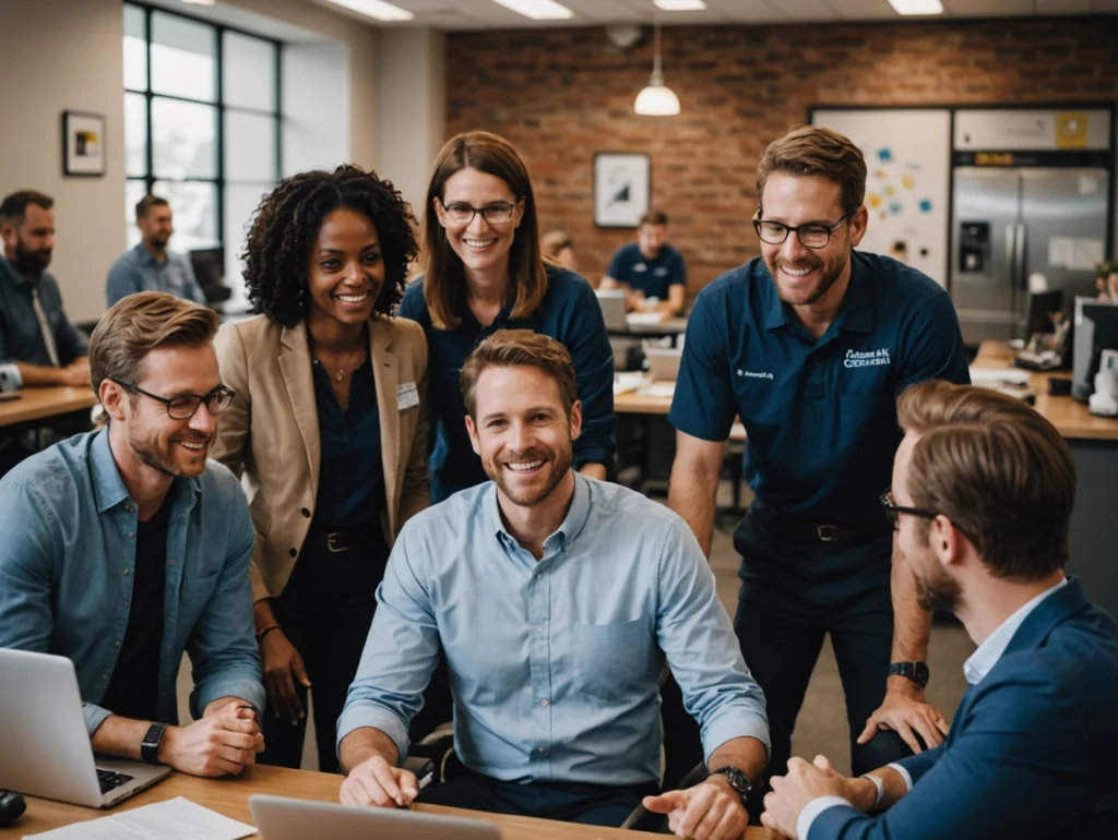 Team members working collectively and stress-free in a small business environment