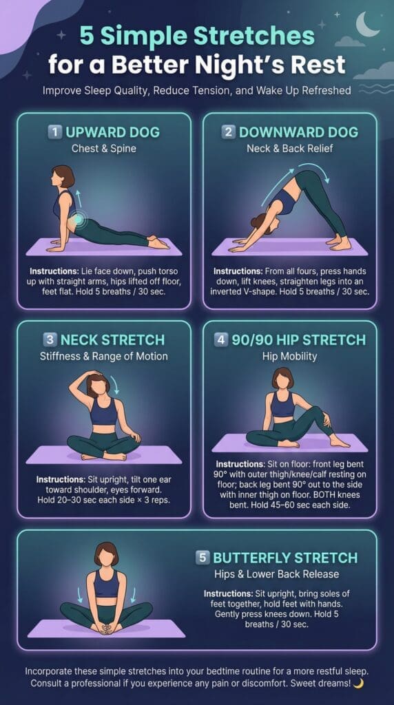 An infographic showing 5 simple stretches for a better night's sleep