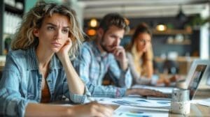 Photo of social anxiety affecting a female office worker in the office.