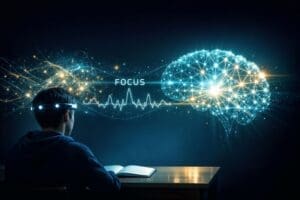 A graphic illustration of a student having trouble focusing while studying due to ADHD. Neurofeedback can help increase focus for people with ADHD