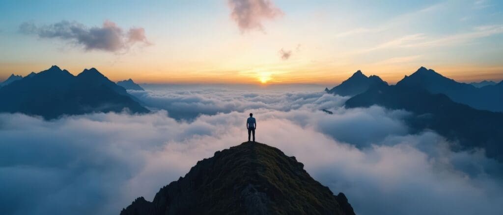 A photo of a man on top of a mountain to show the concept of awe