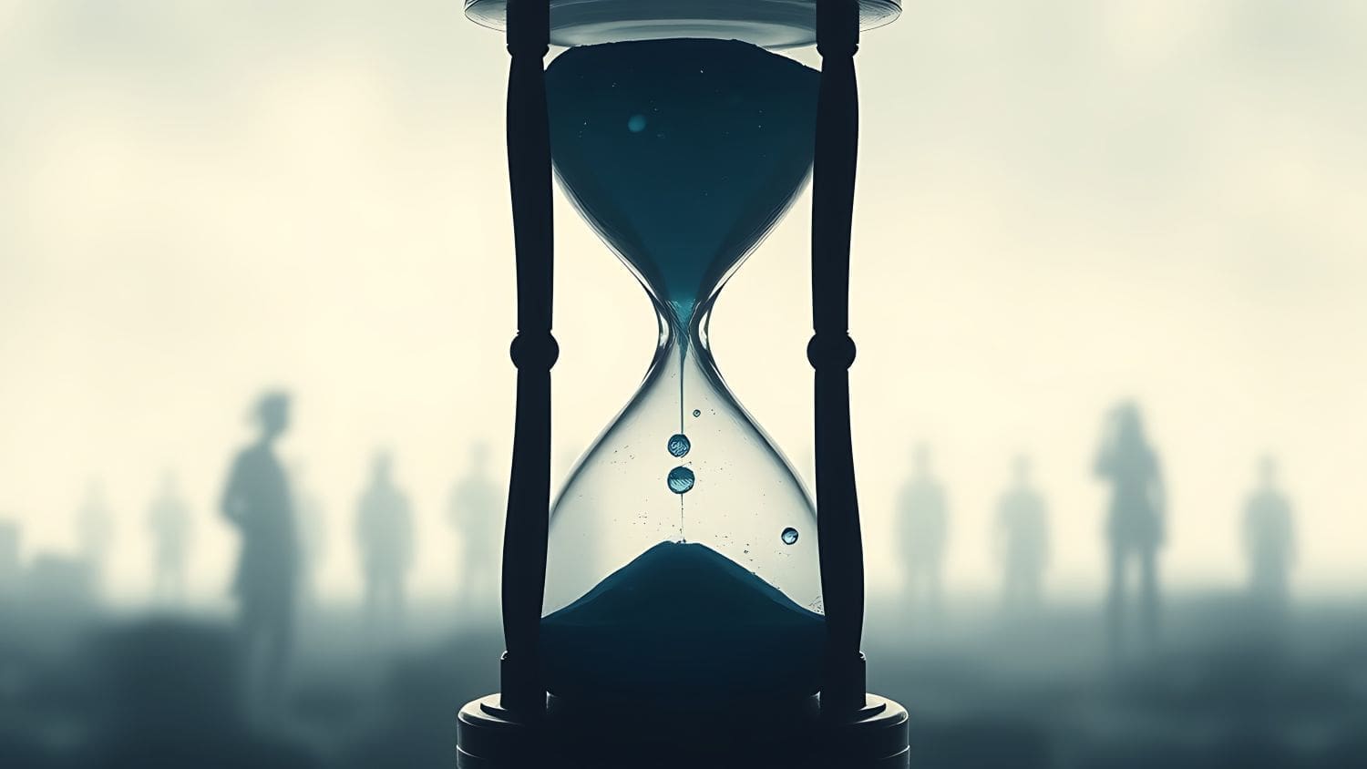 An hourglass with sand running down and busy people in the background