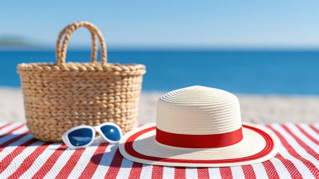 Picnic basket and hat on a beach towel at the beach